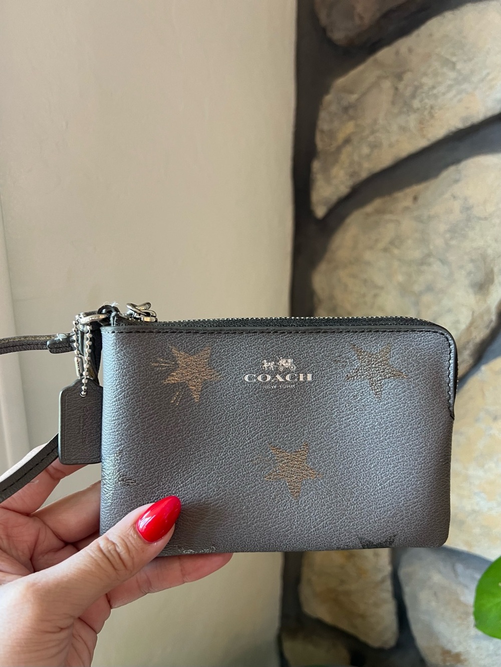 Coach Saffiano Leather Metallic Silver Star-Pattern Wristlet